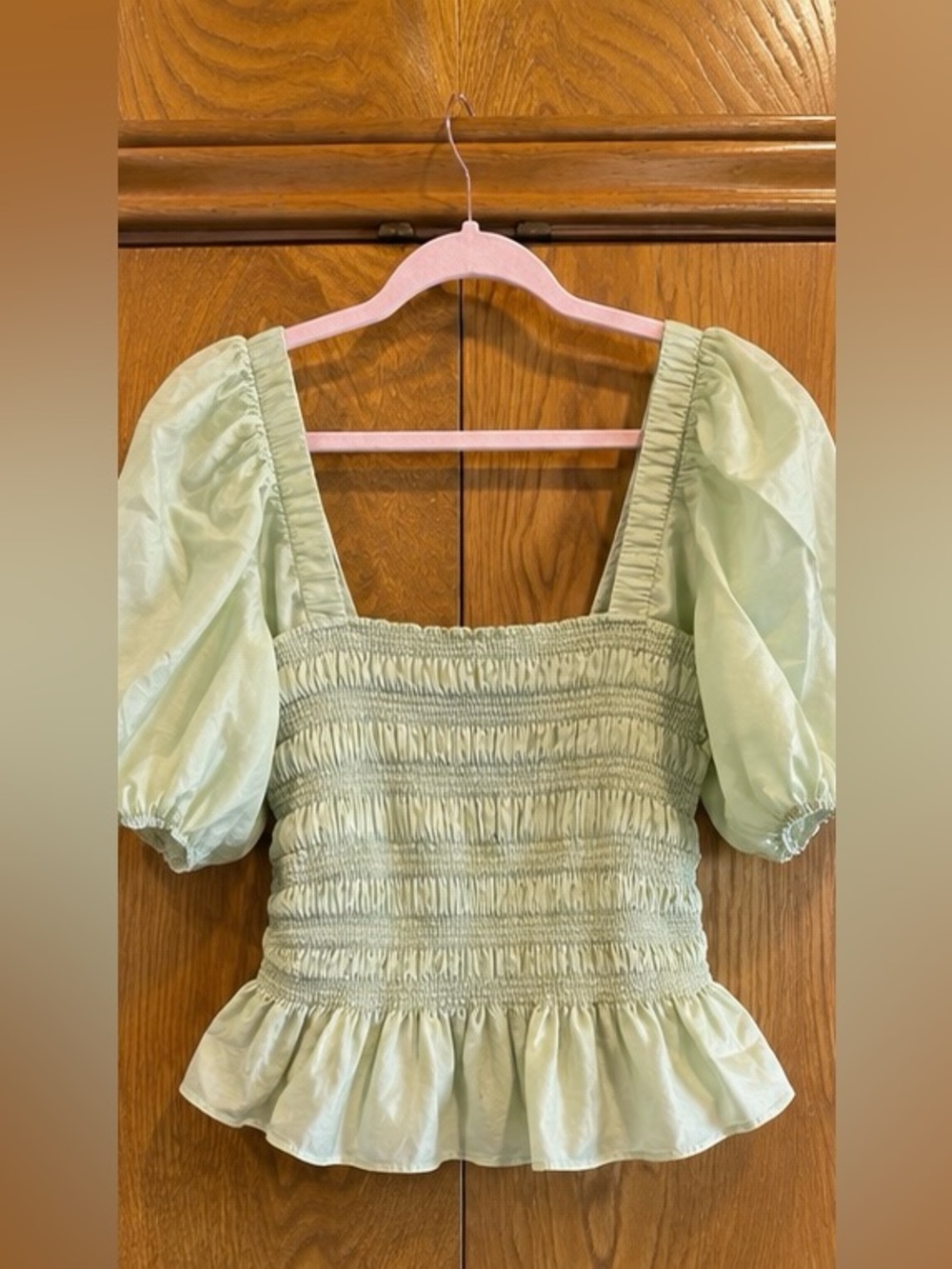 NWT WAYF Sage Green Smocked Puff Sleeve Peplum Top XL